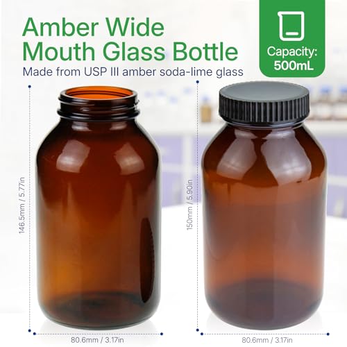 500 ml(16.7 OZ) Amber Glass Wide Mouth Packer Bottle with Black Ribbed Cap, UV Light Resistant Jars for Pills, Capsules, Essential Oils, DIY Salves - Airtight Storage Container，Pack of 12 - size: 16.7 OZ