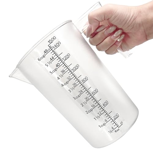 Liquid Measuring Cup with Handle, 48 oz / 6 Cup / 1500 ml Plastic Measuring Pitcher, Permanent Laser-Etched Markings, Large Measuring Cup for Kitchen Baking, Cooking & Garden Mixing - size: 48 OZ (6 Cup/1500ml）