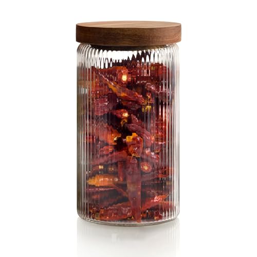 Mason & Fable Ribbed Glass Jar, Stackable & Airtight Wooden Lid- Storage Canister for Cookies, Treats, Tea or Sugar - High End Look for Kitchen, Pantry, Bar or Bathroom -27 fl oz, Single - color: 27oz-1X