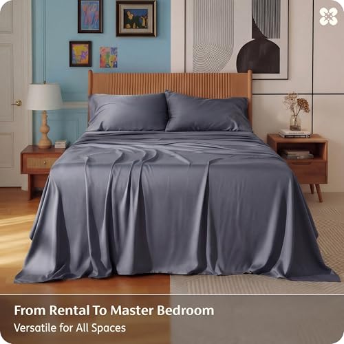 Bedsure PureWoven 100% Rayon Derived from Bamboo, Queen Sheets, 4 Pieces | Cooling Sheets for Hot Sleepers, Breathable & Silky Soft, 16" Deep Pocket, Hotel Luxury Bedding, Dark Grey - color: 01 - Dark Grey, size: Queen
