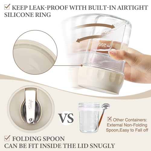 SOLIGT 2 Pack Overnight Oats Containers with Lids, Folding Spoons and Divided Compartments for Fruit & Nuts, Small Glass 16oz Mason Jars for Oatmeal Yogurt Parfait (2 Set-Oat White/Oat White) - color: 2 Set-Oat White/Oat White