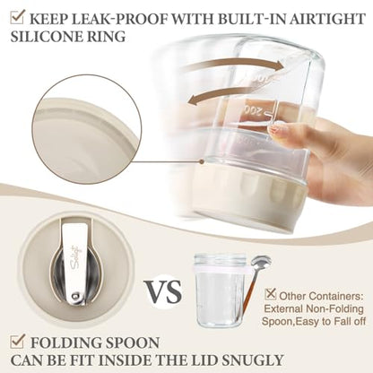 SOLIGT 2 Pack Overnight Oats Containers with Lids, Folding Spoons and Divided Compartments for Fruit & Nuts, Small Glass 16oz Mason Jars for Oatmeal Yogurt Parfait (2 Set-Oat White/Rose Pink) - color: 2 Set-Oat White/Rose Pink
