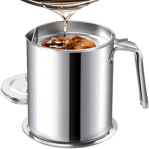 Chihee Grease Container Stainless Steel 2L / 67.6 fl oz Fine Mesh Strainer | Easy to Clean Large Spout Bacon Grease Saver Cooking Oil Keeper Stoarge Can with Dust-proof Lid Non-slip Tray Kitchen Frying - color: Silver(2L)
