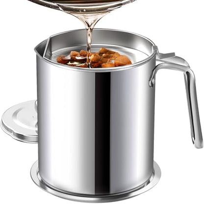 Chihee Grease Container Stainless Steel 2L / 67.6 fl oz Fine Mesh Strainer | Easy to Clean Large Spout Bacon Grease Saver Cooking Oil Keeper Stoarge Can with Dust-proof Lid Non-slip Tray Kitchen Frying - color: Silver(2L)
