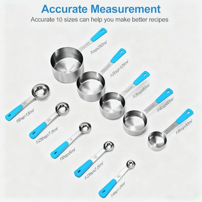 Bopei Measuring Cups and Spoons Set Stainless Steel 10 Piece for Cooking and Baking (5 Cups + 5 Spoons, Light Blue Handle) - color: Light Blue