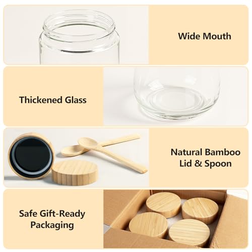 TBWIND 4 Pack 16oz Glass Jars with Bamboo Lids, Spoons, Airtight Overnight Oats Containers, Wide Mouth Mason Jars, Food Storage Container for Yogurt Salad Snacks Spice Sugar Meal Prep – Reusable - color: 16oz-Natural Lids-4 Spoon