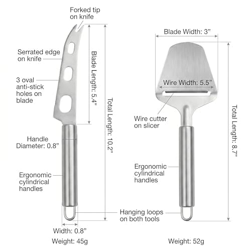 Cheese Slicer and Knife Set 2 pcs: Quality Stainless Steel Cheese Knife Set & Cutter for Perfect Cuts - Ideal for Charcuterie Boards & Cheese Lovers! (silver)