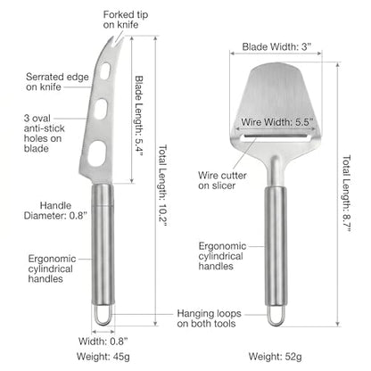 Cheese Slicer and Knife Set 2 pcs: Quality Stainless Steel Cheese Knife Set & Cutter for Perfect Cuts - Ideal for Charcuterie Boards & Cheese Lovers! (silver)