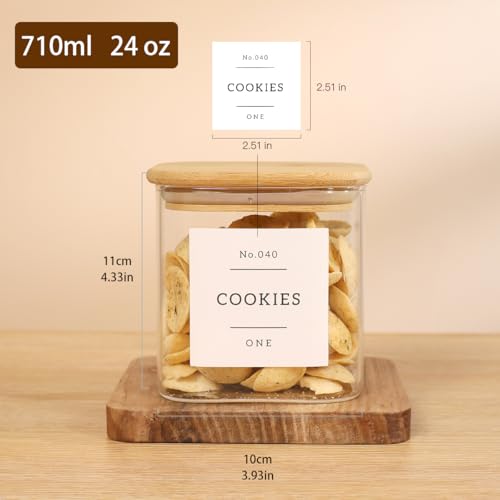 6 Pack Square Glass Pantry Storage Containers with 132 Kitchen Food Pantry Labels - 24 floz Clear Glass Pantry Jars with Airtight Wood Bamboo Lids - Glass Canisters for Sugar, Cereal, Coffee, Spice - size: 24oz-6pack