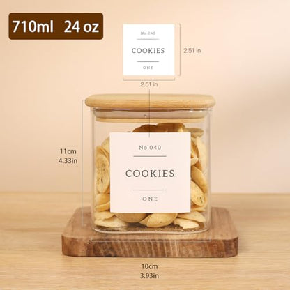 6 Pack Square Glass Pantry Storage Containers with 132 Kitchen Food Pantry Labels - 24 floz Clear Glass Pantry Jars with Airtight Wood Bamboo Lids - Glass Canisters for Sugar, Cereal, Coffee, Spice - size: 24oz-6pack
