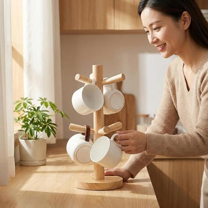 Elandy Wooden Mug Holder Tree with 6 Hooks Mug Stand Mug Rack Coffee Cup Holder Mug Hanger Tea Coffee Bar Organizer for Kitchen Counter and Display Dinnerware Storage