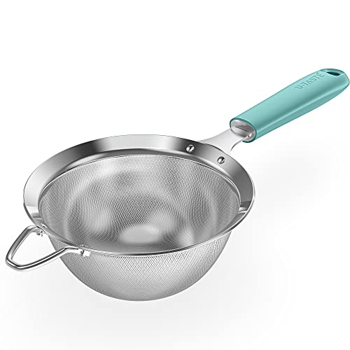 18/8 Stainless Steel Mesh Strainer: U-Taste 5.5 Inch Kitchen Fine Mesh Sieve Food Colander with Riveted Sturdy Silicone Handle and 30 Mesh Hole for Straining Flour, Pasta, Fruit, Quinoa(Aqua Sky) - color: (1) Aqua Sky, size: Medium (5.5 x 13 in)