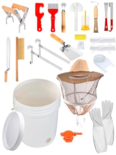23 PCS Beekeeping Starter Kit, Beekeeping Supplies | Include Bee Veil Hat, Queen Bee Cage, 5 Gallon Honey Bucket, Honey Uncapping Tool for Beekeepers