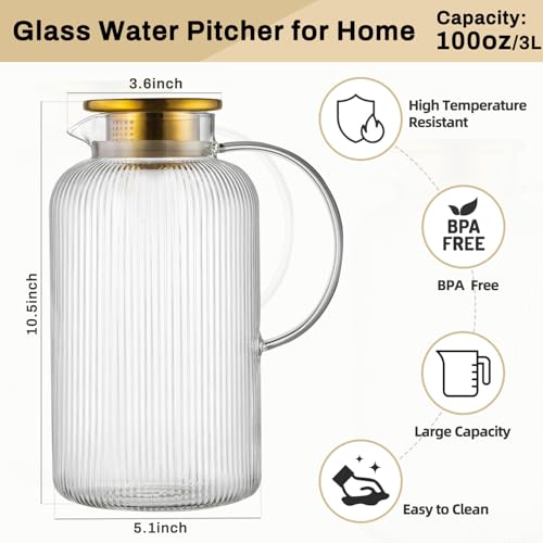Buaic Glass Pitcher with Lid, 100 oz/ 3 Liter Classic Vertical Stripes Water Pitcher,Glass Water Carafe for Cold Brew, Coffee, Lemonade, Iced Sun Tea,Beverage, Milk, Heat Resistant - color: Clear, size: 100 Ounces