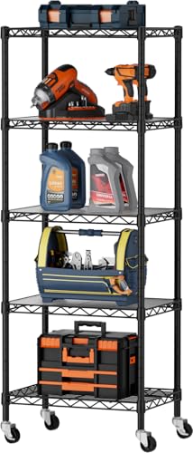 SINGAYE Small Wire 5 Adjustable Shelves Pantry Metal Shelf Floor Organizer | Armoire Adjustable Floor Kitchen Narrow Organizer Rack Shelving Short Square Stackable Standing Storage Tier Under Unit - color: Black, size: 5-Tier 11.8"D X 17.3"W X 57.2"H