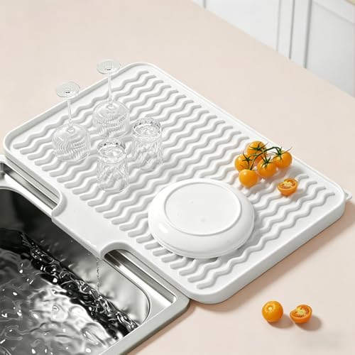Rnivvi Silicone Dish Drying Mat for Kitchen Counter, 16 x 12" Drainer Pad with Drainage Spout, Heat Resistant Trivet Non-Slip Dish Rack Mats for Countertop Protection, Kitchen Bar Decor Pad, White - color: White