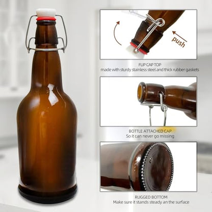Flip Top Glass Bottles 6 Pack,16 Oz Amber Swing Top Beer Bottles with Airtight Lids, Home Brewing Beer, Wine, Reusable Leak-Proof Brewing Bottle