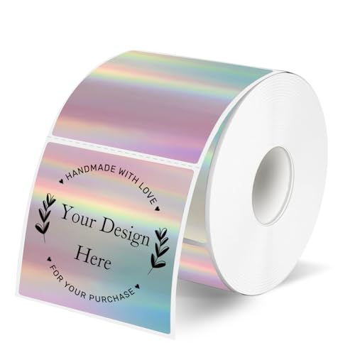 2" x 2" Square Thermal Label Stickers, Holographic Square Direct Thermal Sticker Labels, Perforation Line Design- Holographic Gradient Color - color: Holographic Gradient, size: 2 X 2