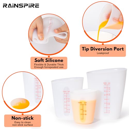 Rainspire Upgraded 3 Piece Silicone Measuring Cup Sets Squeeze & Pour Liquid Measuring Cups Flexible Chocolate Melting Cup Baking Supplies Chef Gifts