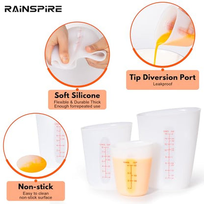 Rainspire Upgraded 3 Piece Silicone Measuring Cup Sets Squeeze & Pour Liquid Measuring Cups Flexible Chocolate Melting Cup Baking Supplies Chef Gifts