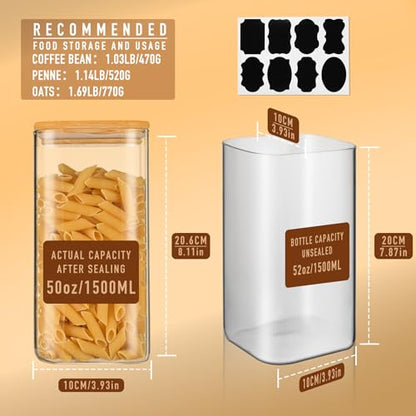 D2scrma 50oz Airtight Glass Square Storage Canister with Bamboo Lid Set of 3 (1500ml) Container Stackable Spice Jar, Kitchen Canister for Flour, Cookies, Cereal and Coffee beans (‎with Black Lable) - size: 50oz*3