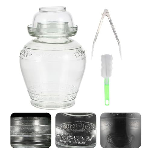 Airtight Glass Pickle Jar 5lb Large Capacity Fermentation Crock with Water-sealed Lid Set Including Inner Cover, Brush, and Tongs for Home Kimchi and Sauerkraut Storage