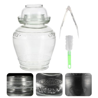 Airtight Glass Pickle Jar 5lb Large Capacity Fermentation Crock with Water-sealed Lid Set Including Inner Cover, Brush, and Tongs for Home Kimchi and Sauerkraut Storage