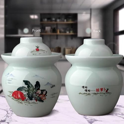 Traditional Chinese Hand Painted Porcelain Fermentation Crock With Water Seal Lid, Ceramic Pickling Jar, 1 Pcs(Yellow,1.5kg) - color: Yellow, size: 1.5kg