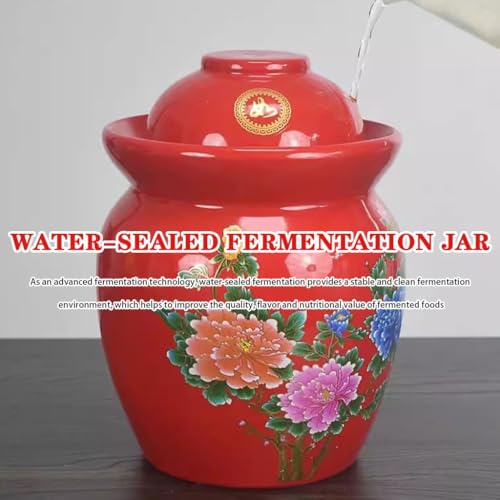 Chinese Style Flower Pattern Pickle Jar, Thickened Ceramic Fermentation Tank, Water Seal Design, Large Capacity Pickling Container(7kg/246.9oz) - size: 7kg/246.9oz