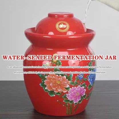 Chinese Style Flower Pattern Pickle Jar, Thickened Ceramic Fermentation Tank, Water Seal Design, Large Capacity Pickling Container(7kg/246.9oz) - size: 7kg/246.9oz