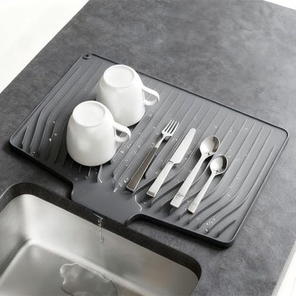Silicone Dish Drying Mat with Raised Drainage Edges,Non-Slip and Heat-Resistant,Includes Hanging Hole,Kitchen Countertop Drying Mat,Easy to Clean(18.9" x 13.58", Grey)