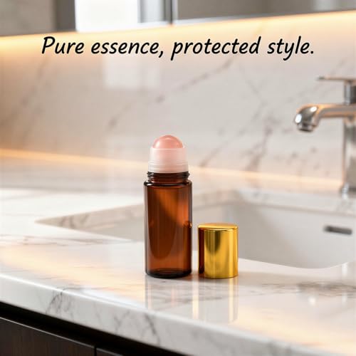 Joyibay 4 Pcs 1.7 oz Amber Glass Roller Bottles, Essential Oil Roll-on Bottle with Natural Stone Ball, Portable Container for Perfume, Aromatherapy, DIY Blends