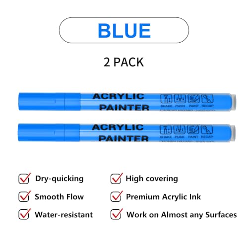 Acrylic Paint Pens Waterproof Markers 2 Blue Permanent Marker Pens Acrylic Pens for Rock Painting Glass Stone Ceramic Metal Fabric Pebble Painting pens Craft Supplies - color: Blue