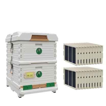 Apimaye Ergo Insulated Bee Hive Set with Plastic PRO Frames with Premier Double Wax Foundations (White Body Green Entrance, Double Deep)