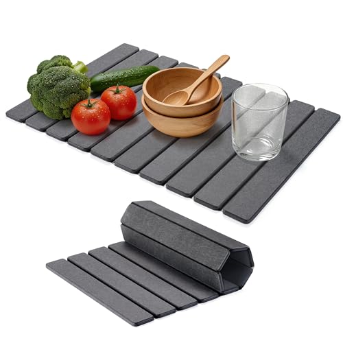 HABUTWAY Large Stone Dish Drying Mat for Kitchen Counter – 24"×16" Collapsible Diatomaceous Earth Mat, Ultra Absorbent & Quick Dry, Foldable Drying Pad for Dishes, Bottles, Cups (Dark Grey) - color: Dark Gray