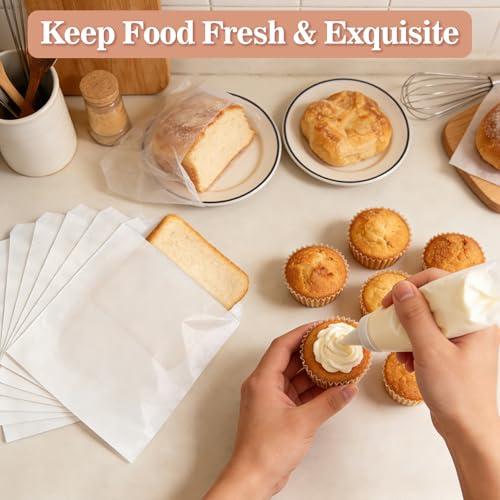 MAQIHAN 100 Paper Sandwich Bags - 8"x8" Wax Paper Lunch Bags, White Cookie Glassine Bags for Food Take Out, Cookie Sleeves, Food Packaging for Bread, Toaster, Bagel, Pastry, Treat, Snack, Soaps - size: 8x8"