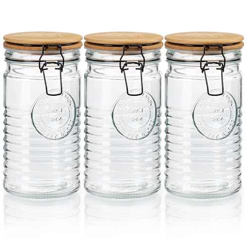Glass Storage Containers with Airtight Lids - 40 Ounce Mason Jar Storage Containers for Cereal, Coffee & Rice - Pantry Organizing Canister Set of 3 for Kitchen