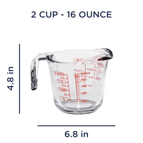 16 Oz Glass Measuring Cup, Tempered Glass Liquid Measuring Cup with Handle & Spout, Dual Imperial & Metric Etched Markings, Microwave Dishwasher Safe for Kitchen Baking Cooking, 2 Cup