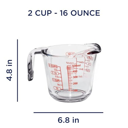 16 Oz Glass Measuring Cup, Tempered Glass Liquid Measuring Cup with Handle & Spout, Dual Imperial & Metric Etched Markings, Microwave Dishwasher Safe for Kitchen Baking Cooking, 2 Cup