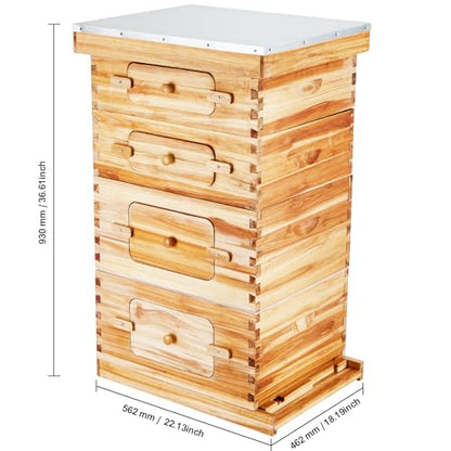 Bee Hive 40 Frame Bee Hives Starter Kit, Beeswax Coated Cedar Wood, 2 Deep + 2 Medium Bee Boxes Langstroth Beehive Kit, Transparent Acrylic Windows with Foundations for Beginners Pro Beekeepers Stur