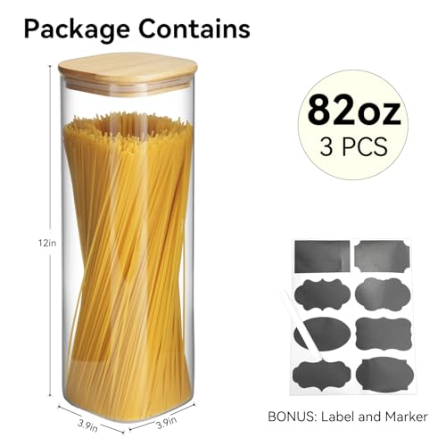 Glass Spaghetti Pasta Storage Container - 3 Pack 2.5 QT Airtight Food Storage Jar Set with Bamboo Lid Labels -Tall Square Kitchen Pantry Canister Organizers for Noodle Cookies Flour Cereal Coffee Bean - size: 82oz*3