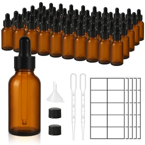 UPBUD 50 Pack 1oz Amber Glass Dropper Bottles Leakproof with Funnels, Eye Droppers, Extra Caps, Labels - Refillable UV 30ml Empty Bottles for Tinctures, Essential Oils, Perfume, Beard, Hair Oil - color: Amber-black-1oz, size: 1oz
