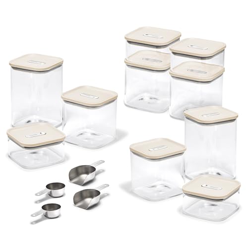 Caraway 26-Piece Ultimate Airtight Glass Food Storage Containers with Lids, Scoops, Measuring Cups and Organizers - Non-Toxic BPA-Free Stackable Space-Saving Containers for Pantry - Cream - color: Cream, size: 26-Piece Set