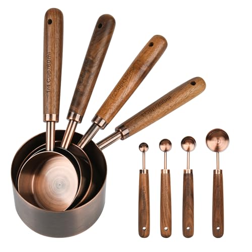 Copper Measuring Cups & Spoons Set 8, Stainless Steel Measuring Cups and Spoons Set for Baking and Kitchen, Metric & US Metal Measure Cup & Spoon with Wood Handle for Dry & Liquid - color: Copper