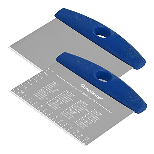 Ourokhome 2 Pack Bench Scraper Dough Cutter, Stainless Steel Dough Scraper with Laser-Etched Scale, Conversion Chart, Non-Slip Handle, Dishwasher Safe for Bread & Pastry, Blue - color: Blue