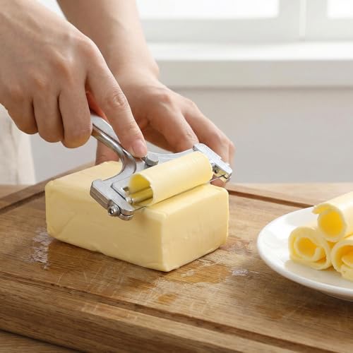 Adjustable Wire Cheese Slicer, Handheld Stainless Steel Cheese Cutter for Block Cheese with 8 Replacement Wires & Wrench, Rolling Cheeses Slicer for Block Butter Cutter