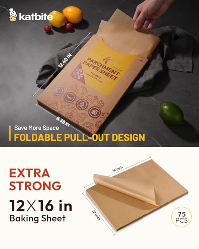 Katbite 75Pcs Unbleached Parchment Paper Sheets 12x16IN, Pre-Cut Heavy Duty Parchment Baking Paper, Non-Stick Half Sheet Brown Baking Parchment Paper for Air Fryer, Baking Cookie [Extra Strong Series] - color: 12"x16"-75