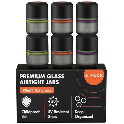 ONGROK Glass Storage Jar, 80ml, 6 Pack | UV Herb/Spice Jar with Child‑Resistant Lid, Color‑Coded Glass Containers to Preserve Smell and Aroma - size: 80ML - 6 Pack