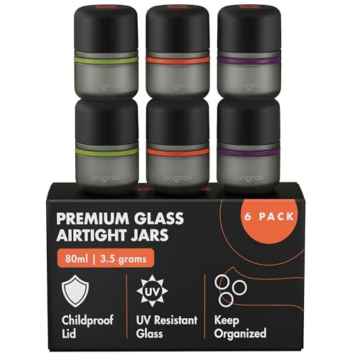 ONGROK Glass Storage Jar, 80ml, 6 Pack | UV Herb/Spice Jar with Child‑Resistant Lid, Color‑Coded Glass Containers to Preserve Smell and Aroma - size: 80ML - 6 Pack