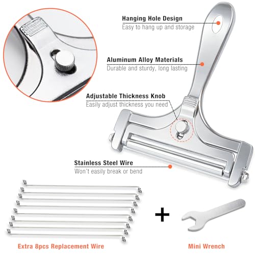 2 Pack Cheese Slicers, AIDOIT Stainless Steel Wire Cheese Slicer with Cheese Plane Tool, Adjustable Thickness Cheese Cutter with 8 Extra Wires for Soft, Semi-Hard, Hard Cheeses - color: Silver-a